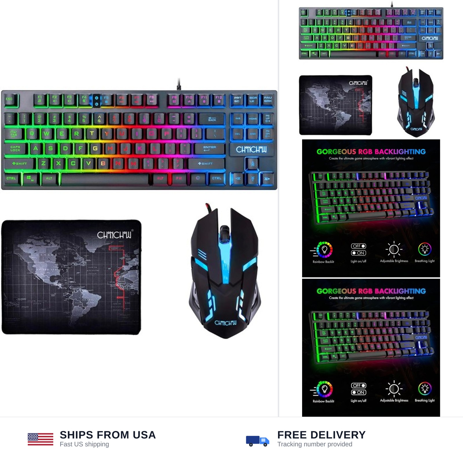 CHONCHOW 87 Keys TKL Gaming Keyboard and Mouse Combo, Wired LED Rainbow Backl...