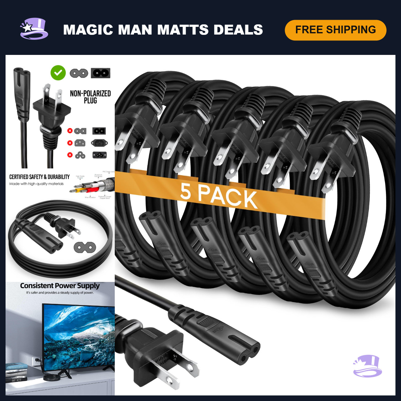 5-Pack 1ft AC 2 Prong Power Cord for TV, PS5, PS4, Xbox, Speaker - C7 Replacemen