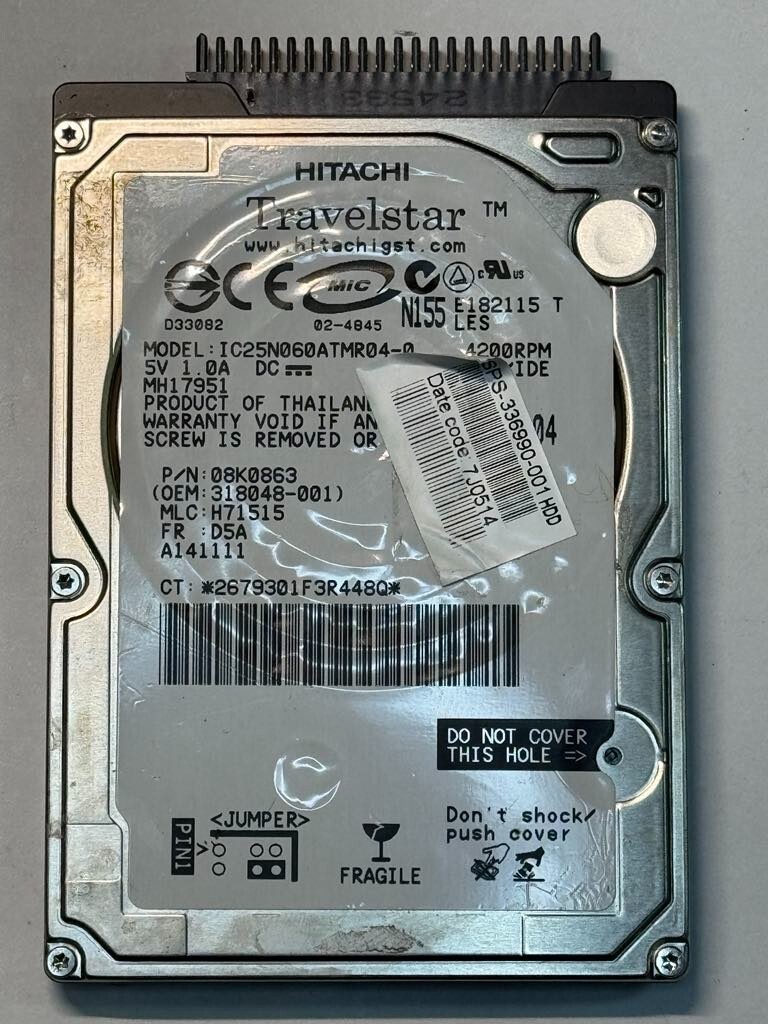 Hitachi 08K0863 IC25N060ATMR04-0 60GB 4.2K RPM 8MB Cache 2.5" Ultra-ATA/100 HDD
