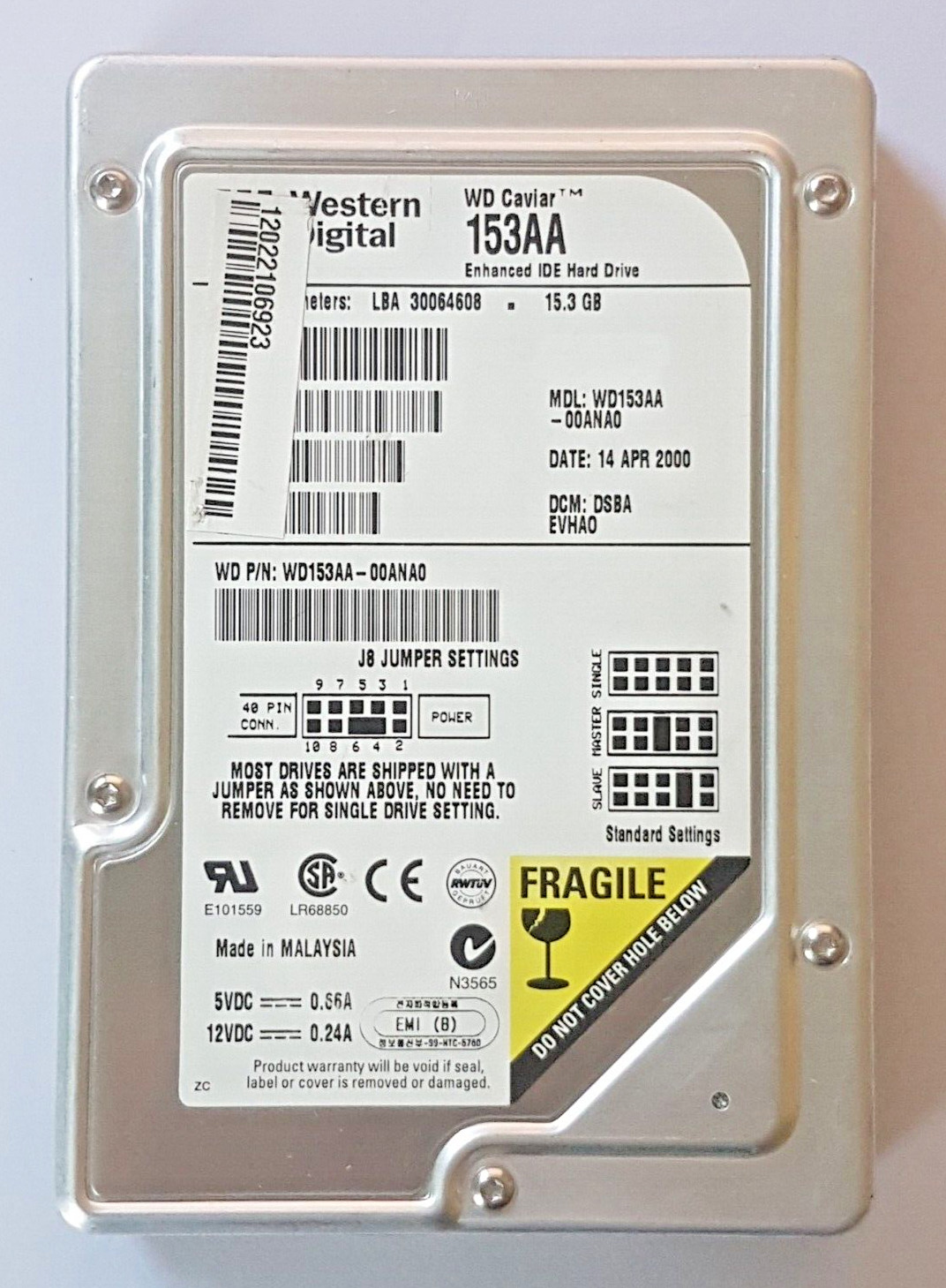 15.3GB IDE Western Digital WD153AA-00ANA0 P-ATA 5400rpm 2MB 3.5" Hard Drive