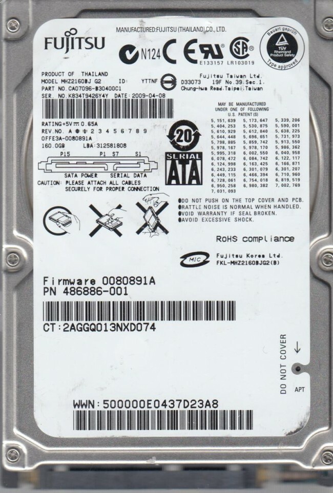 486886-001 FUJITSU HD 160GB 7200RPM 2.5 SATA MHZ2160BJ G2~~