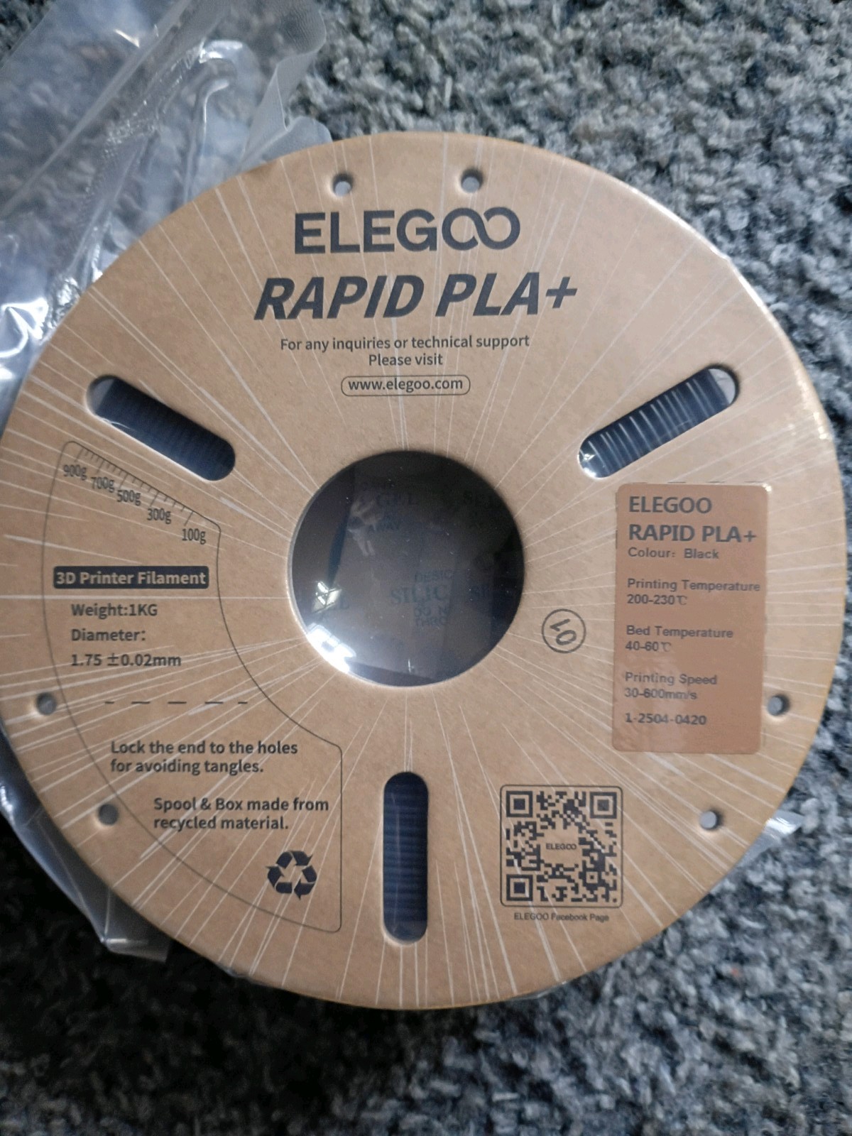 ELEGOO Rapid PLA+ 3D 1.75 Black Printer Material Filament 1KG