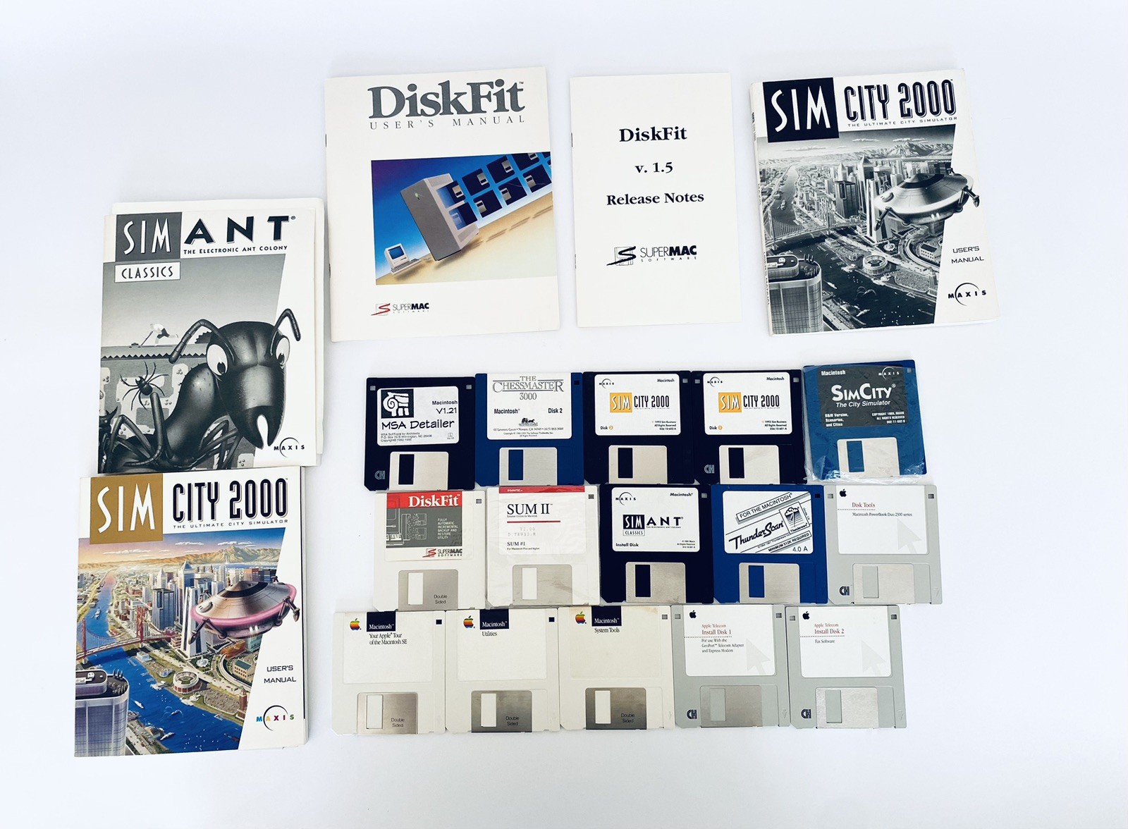 Vintage Apple Macintosh 3.5" Floppy Disk Lot of 15 With Manuals Sim City Ant