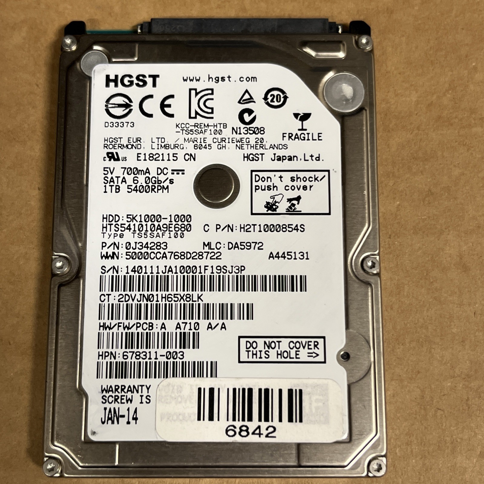 HGST/Hitachi HTS541010A9E680 MLC: DA5972 P/N: 0J34283 Japan 1TB SATA HDD