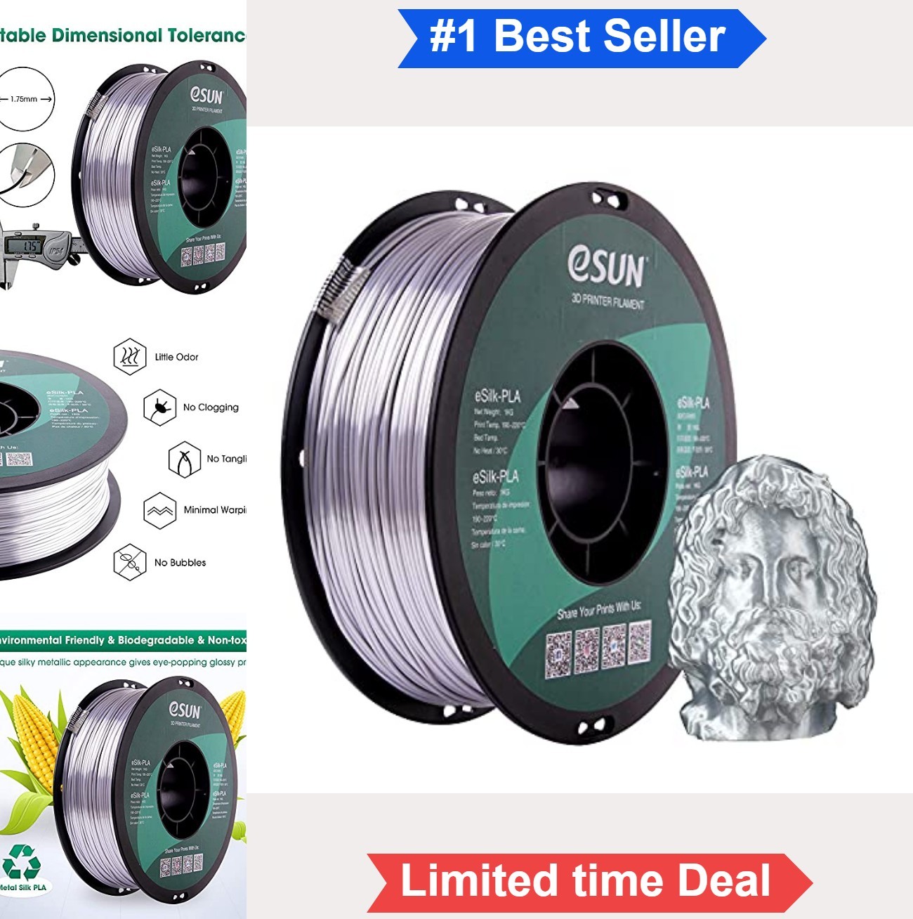 Silk PLA 3D Printer Filament 1.75mm 1kg Silver Silk Finish Vacuum Sealed