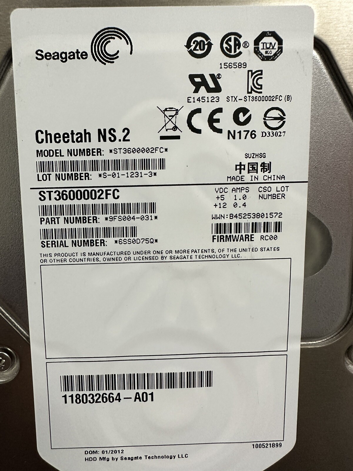 EMC/SEAGATE 118032664-A01 600GB 10K SAS 3.5" 4Gb/s HDD NS.2 SERIES ST3600002FC