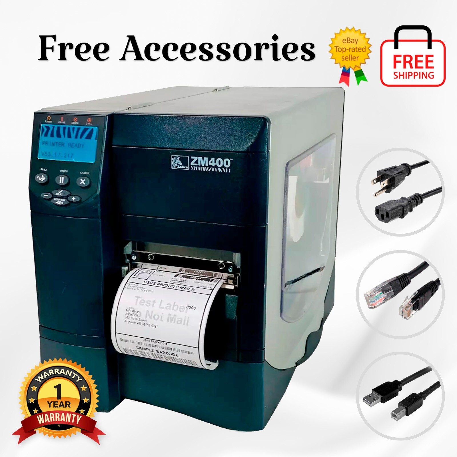 Zebra ZM400 Thermal Transfer Label Printer USB LAN Serial 300dpi 1 YR WARRANTY
