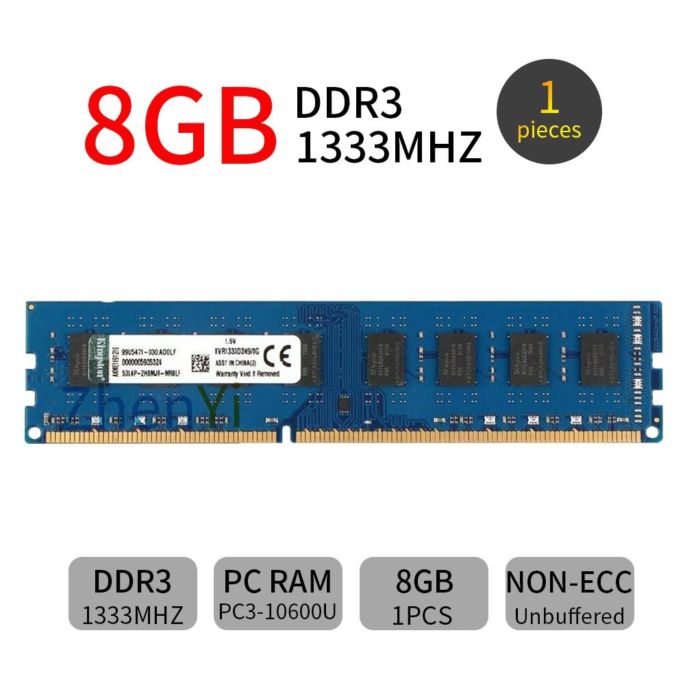 Kingston 8GB Module DDR3 PC3-10600U 1333Mhz 240Pin KVR1333D3N9/8G DIMM Memory