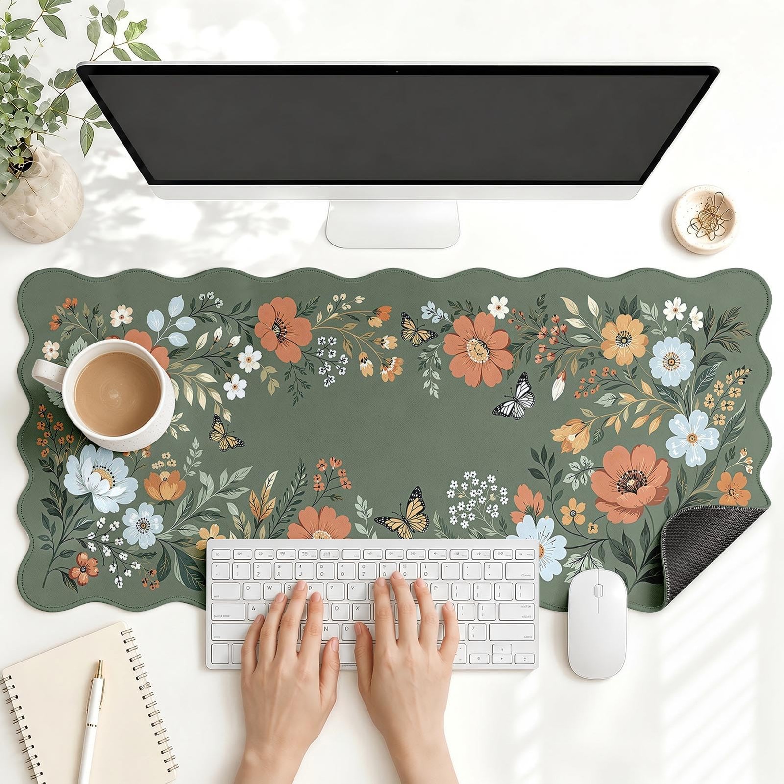 Cosovia Scalloped Gaming Mouse Pad Desk Mat, Floral, 35.4"x15.7" | No Slip La...