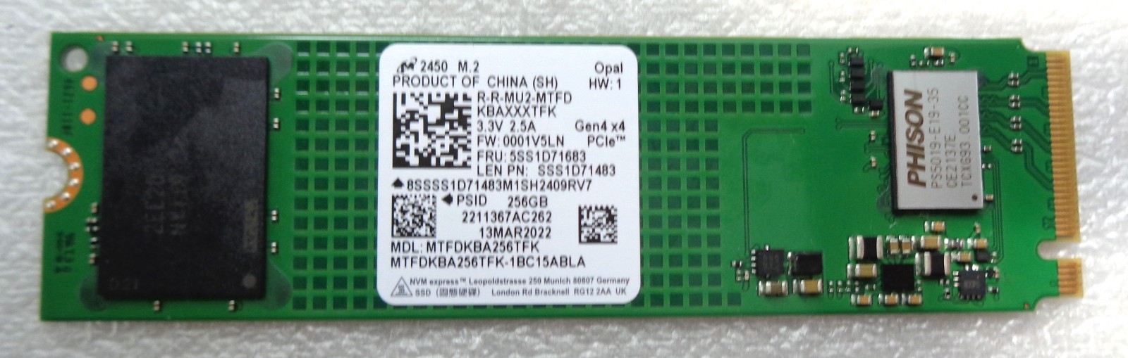 Micron 256GB NVMe PCIe Gen4 x4 M.2 2280 SSD Solid State Drive MTFDKBA256TFK