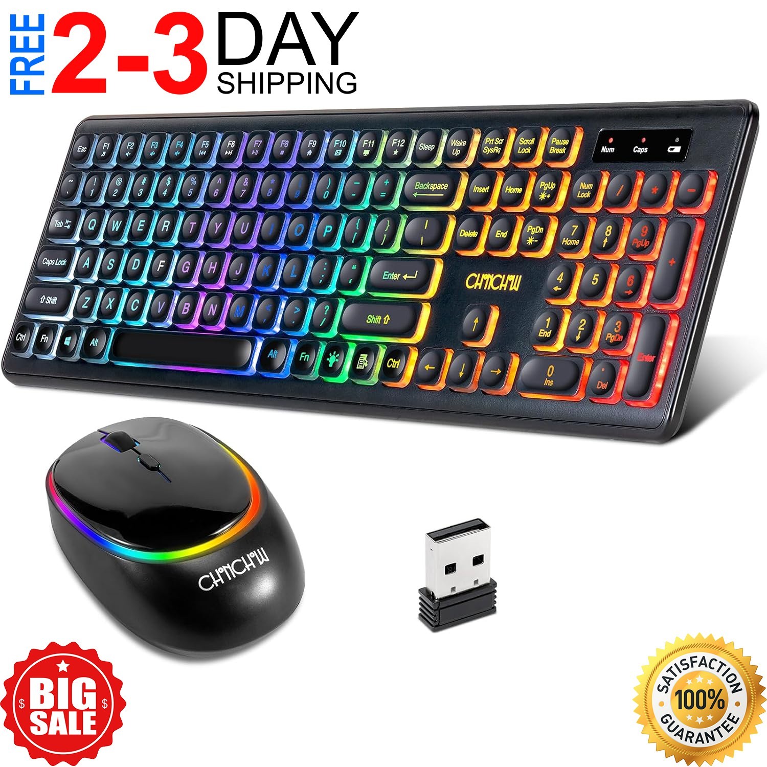 Wireless Keyboard and Mouse Rechargeable LED Combo RGB Backlit Keypad Silent US