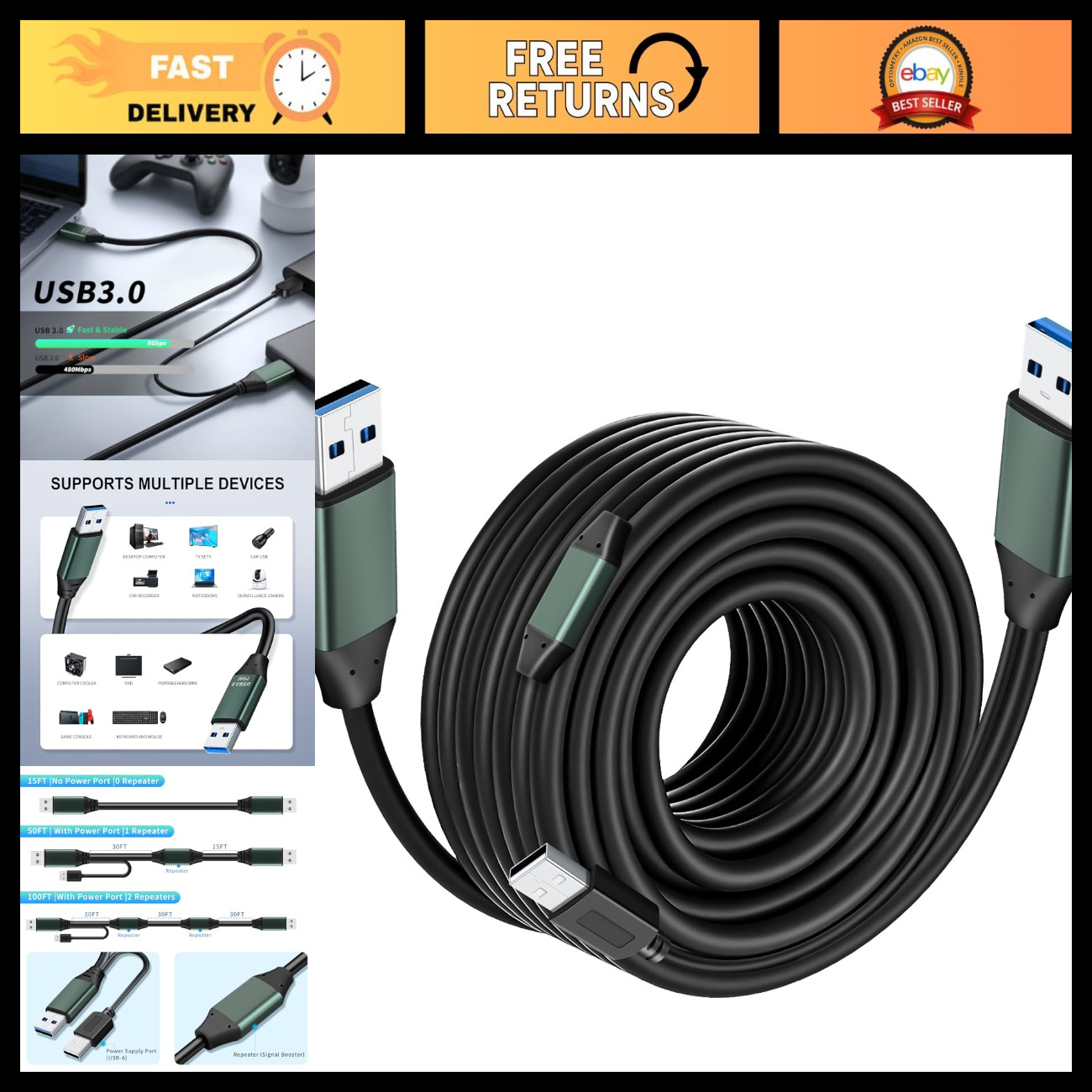 50ft USB 3.0 Male to Male Cable - High-Speed USB to USB Data Transfer Cable