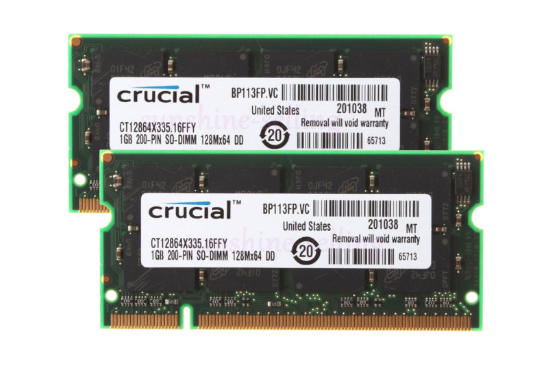 Crucial 2GB 1GB x2 PC2700 DDR 333MHZ 200Pin SODIMM Laptop Memory RAM CL2.5,SDRAM