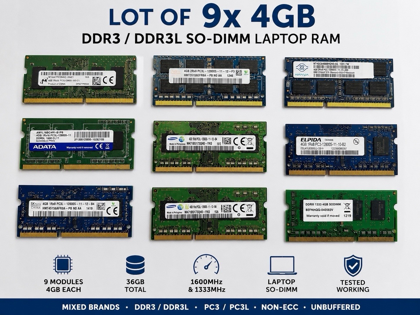 Lot of 9x 4GB DDR3 DDR3L 1600MHz SO-DIMM Laptop RAM 36GB Mixed