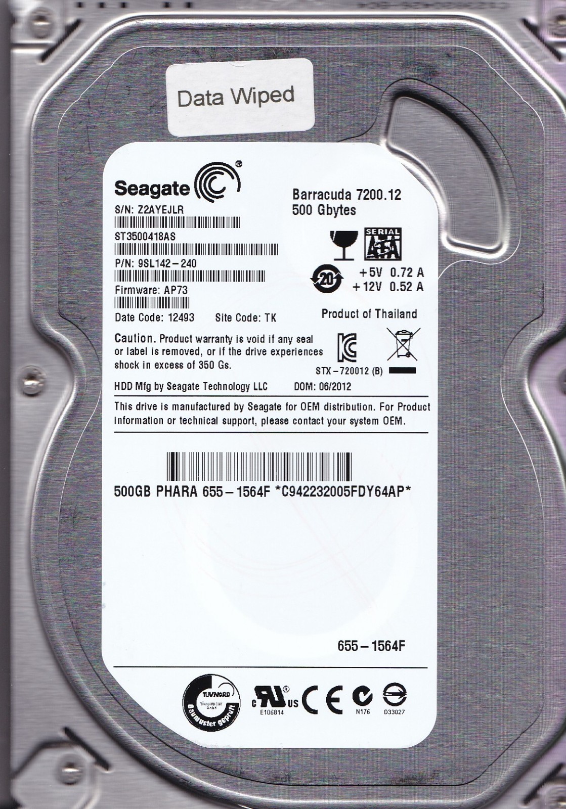 ST3500418AS pn: 9SL142-240 sn: Z2A fw: AP73 500GB 3.5" SATA  2012 SEAGATE APPLE