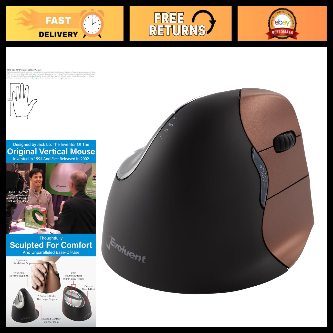 Ergonomic Wireless Vertical Mouse for Right Hand - Small, Comfort Design, 6 Butt
