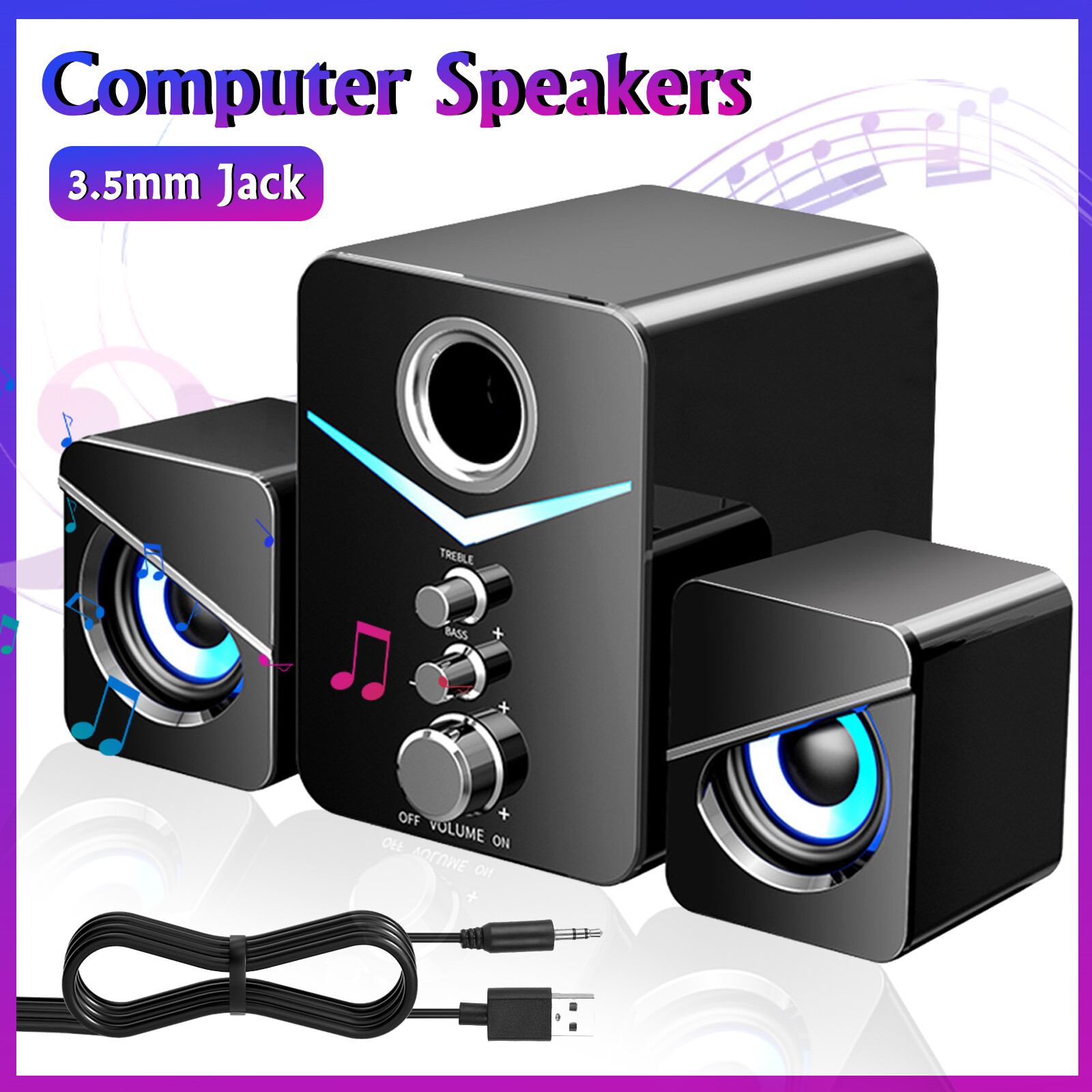 Wired Computer Speakers System Stereo Bass Subwoofer LED For Desktop Laptop PC