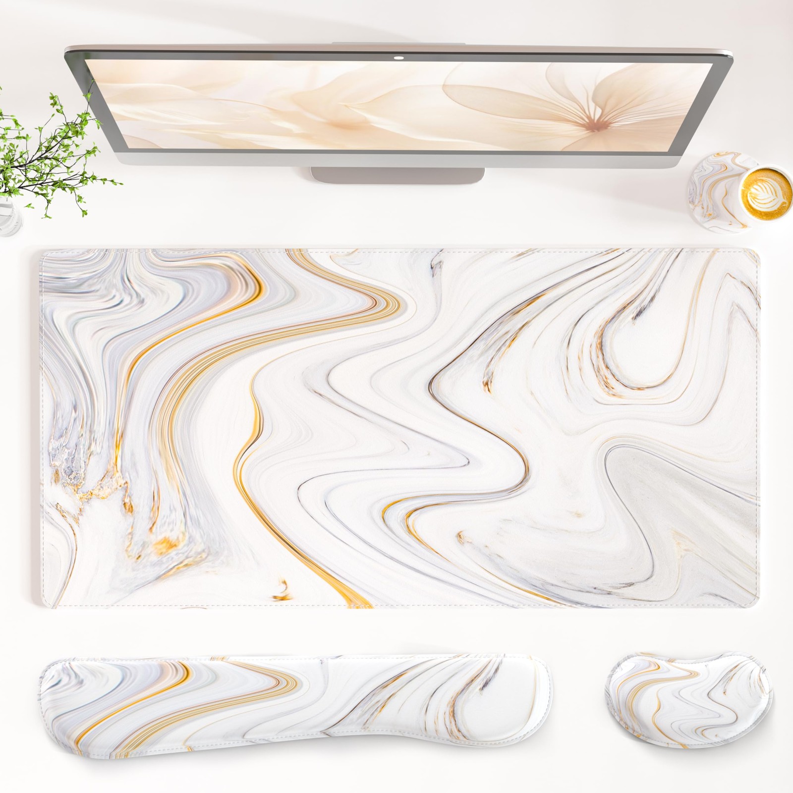 QiyI Leather Desk Mat Set, 4-in-1 Large 31.5" x 15.7", White Marble Stripes