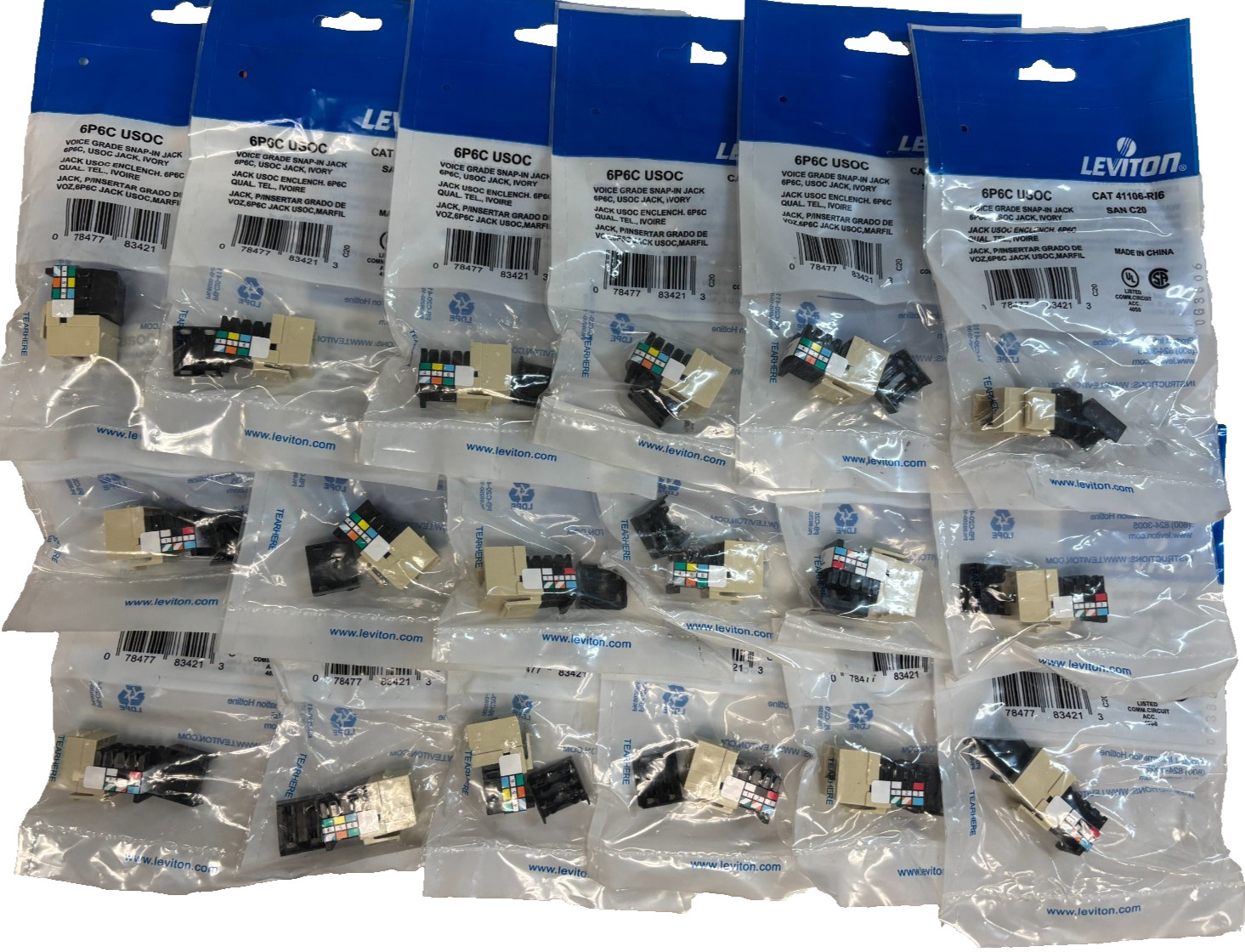 Leviton 41106-RI6, 6P6C Voice Grade QuickPort Connector - Ivory - Lot of 18