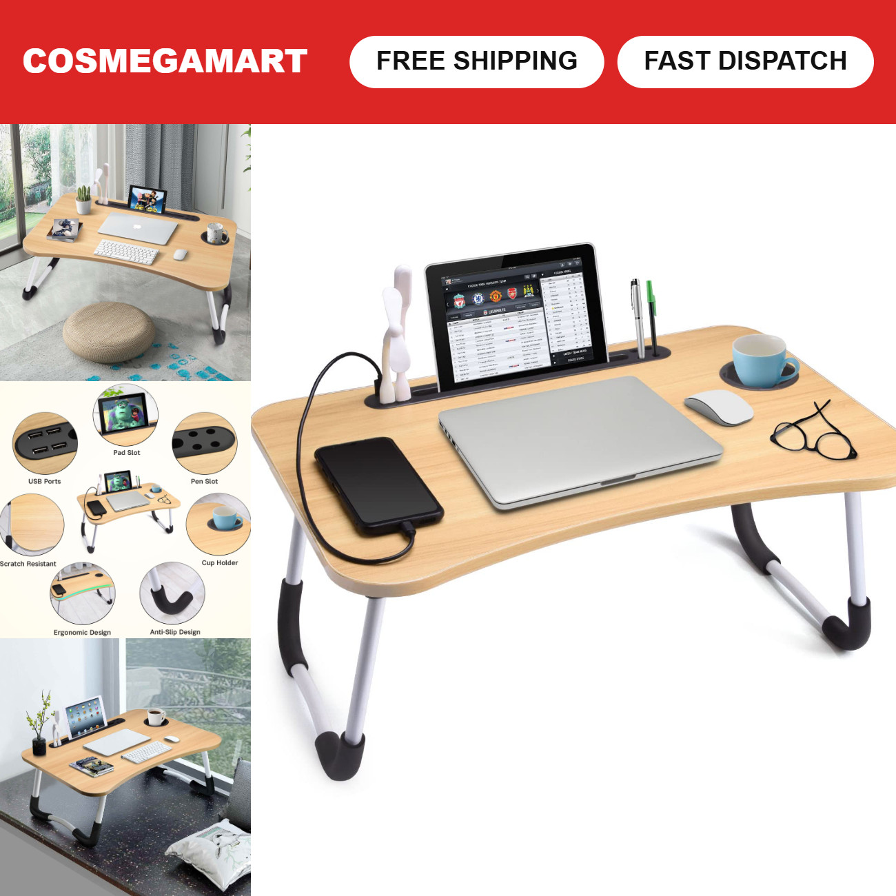 Foldable Lap Desk with Cup Holder - Portable Bed, Couch & Floor Use, Adjustable
