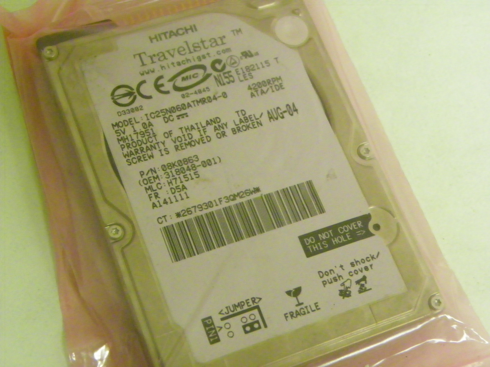 60GB Hitachi IC25N060ATMR04-0 Laptop IDE Hard Drive P/N 08K0863 MLC: H71515
