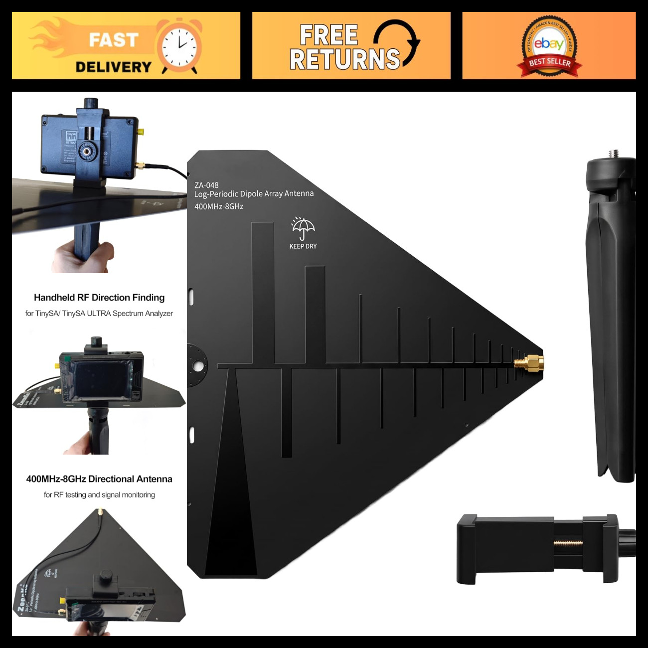 Wideband Log-Periodic Dipole Array Antenna 400MHz-8GHz, High Gain, Low Noise