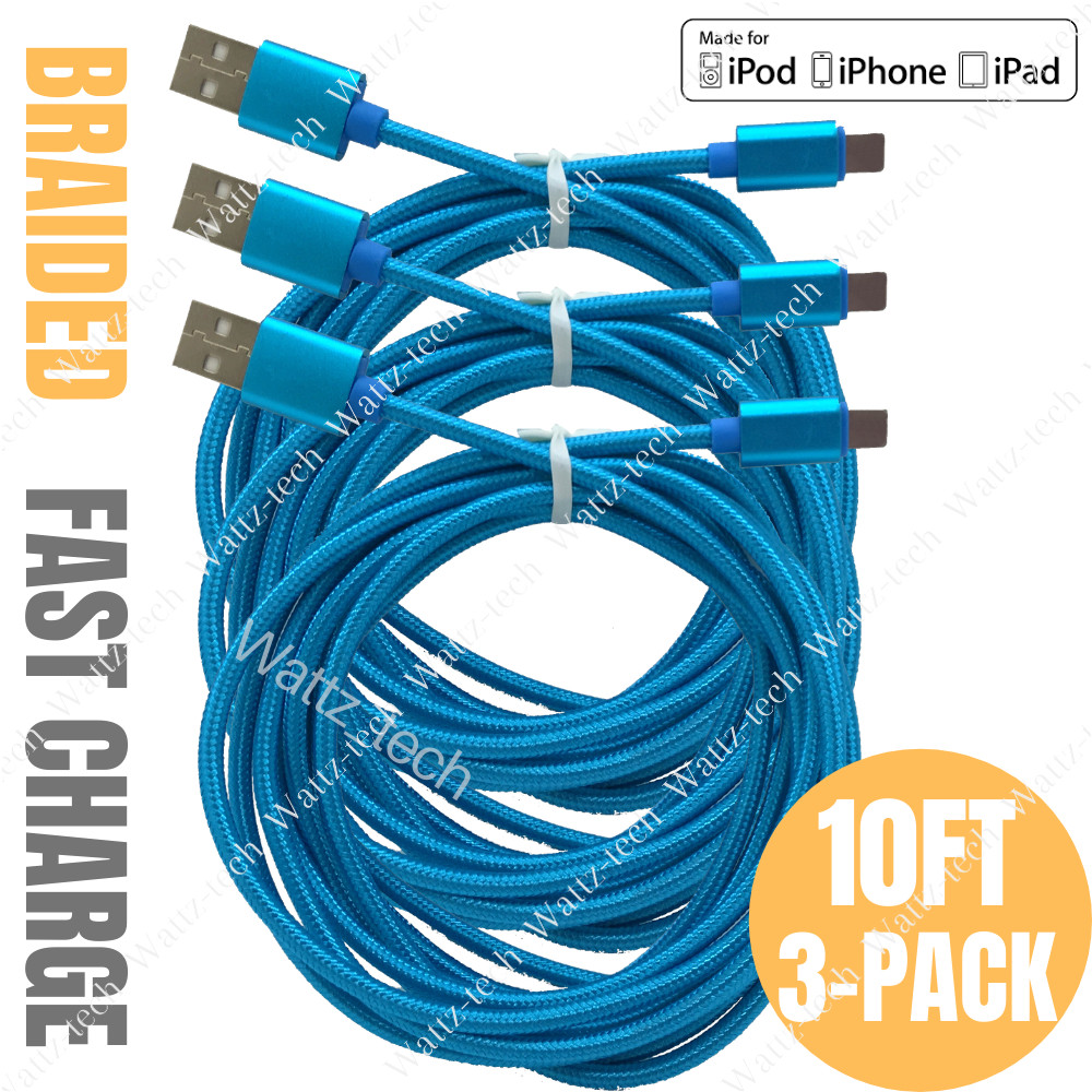 3 Pack 10Ft Fast Charging Cable For Apple iPhone iPad iPod Charger Cord Braided