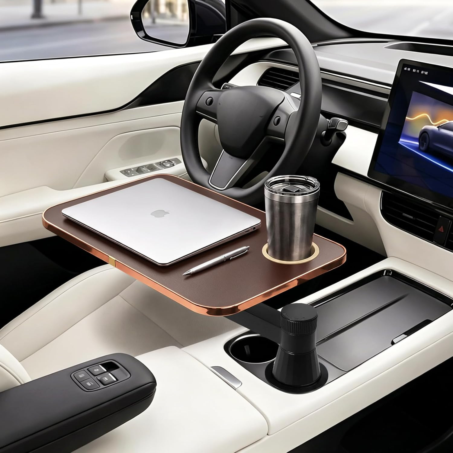 360° Rotating Car Desk Tray for Laptop and Food, Premium Leather Car Table with