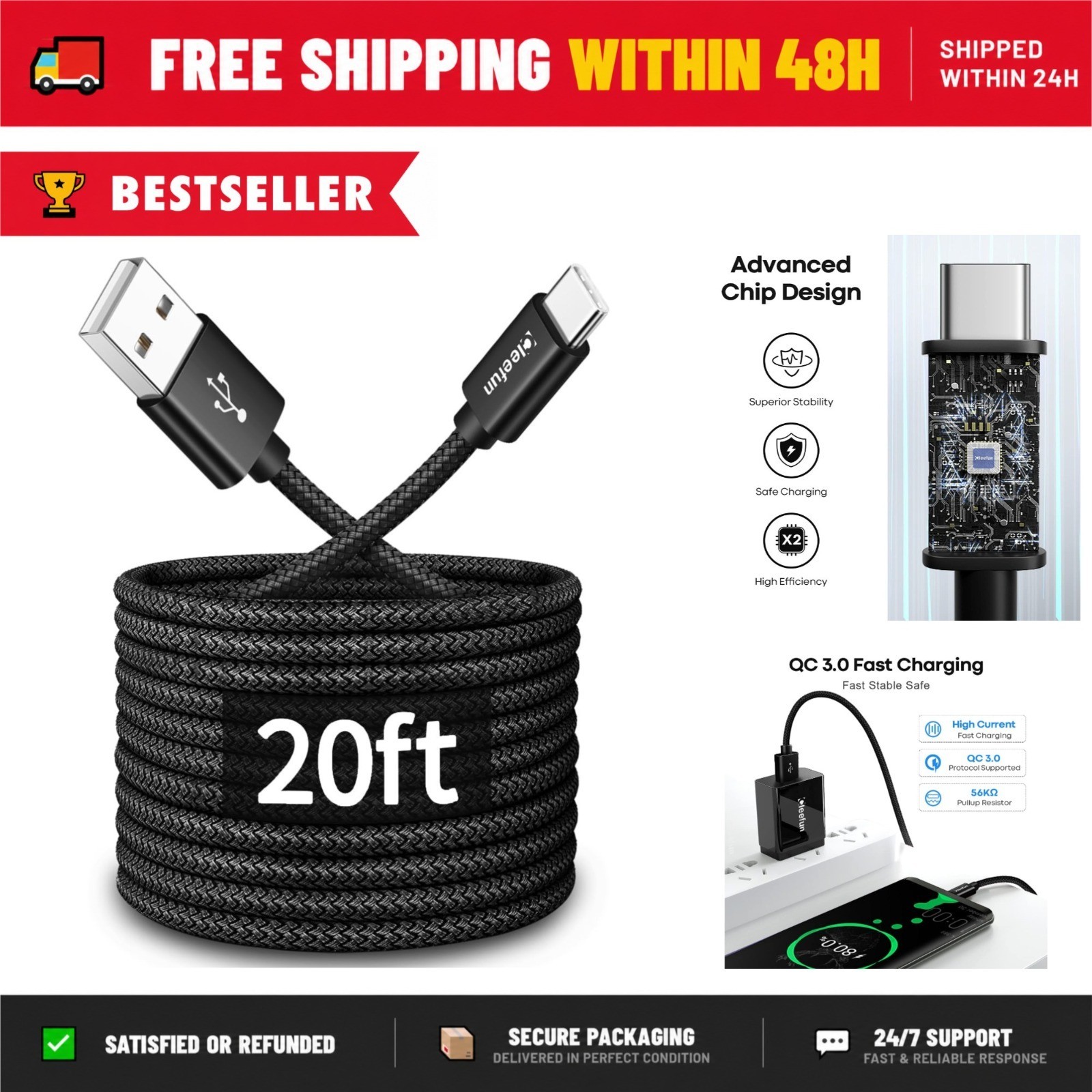 CLEEFUN USB C Cable 20ft Long USB-A to USB-C Fast Charging Nylon Braided
