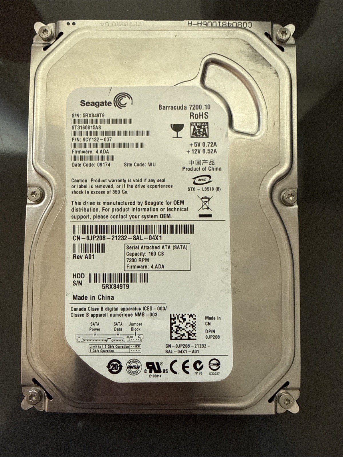 Hard Drive Seagate Barracuda 7200.10 ST3160815AS 160GB 7200 RPM SATA 3.5" TESTED