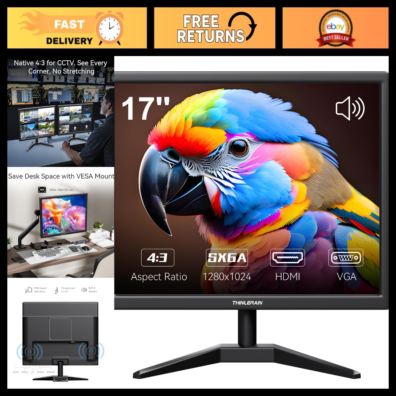 17" Square Computer Monitor 1280x1024, VGA HDMI, VESA Mount, Built-in Speakers,