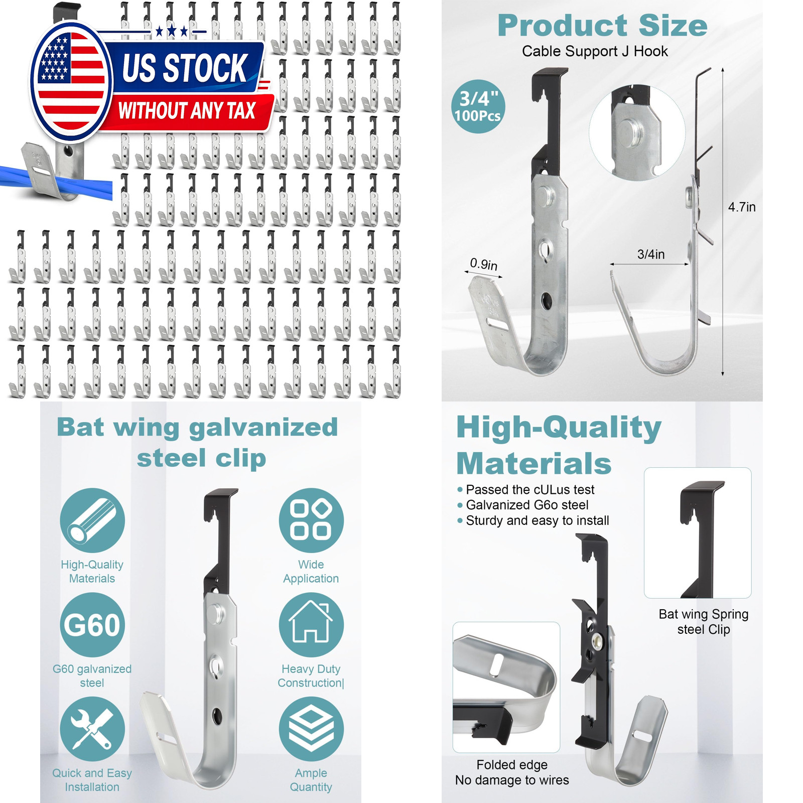 50 Pcs Metal J Hooks Cable Support 3/4 Inch j Hook Hangers