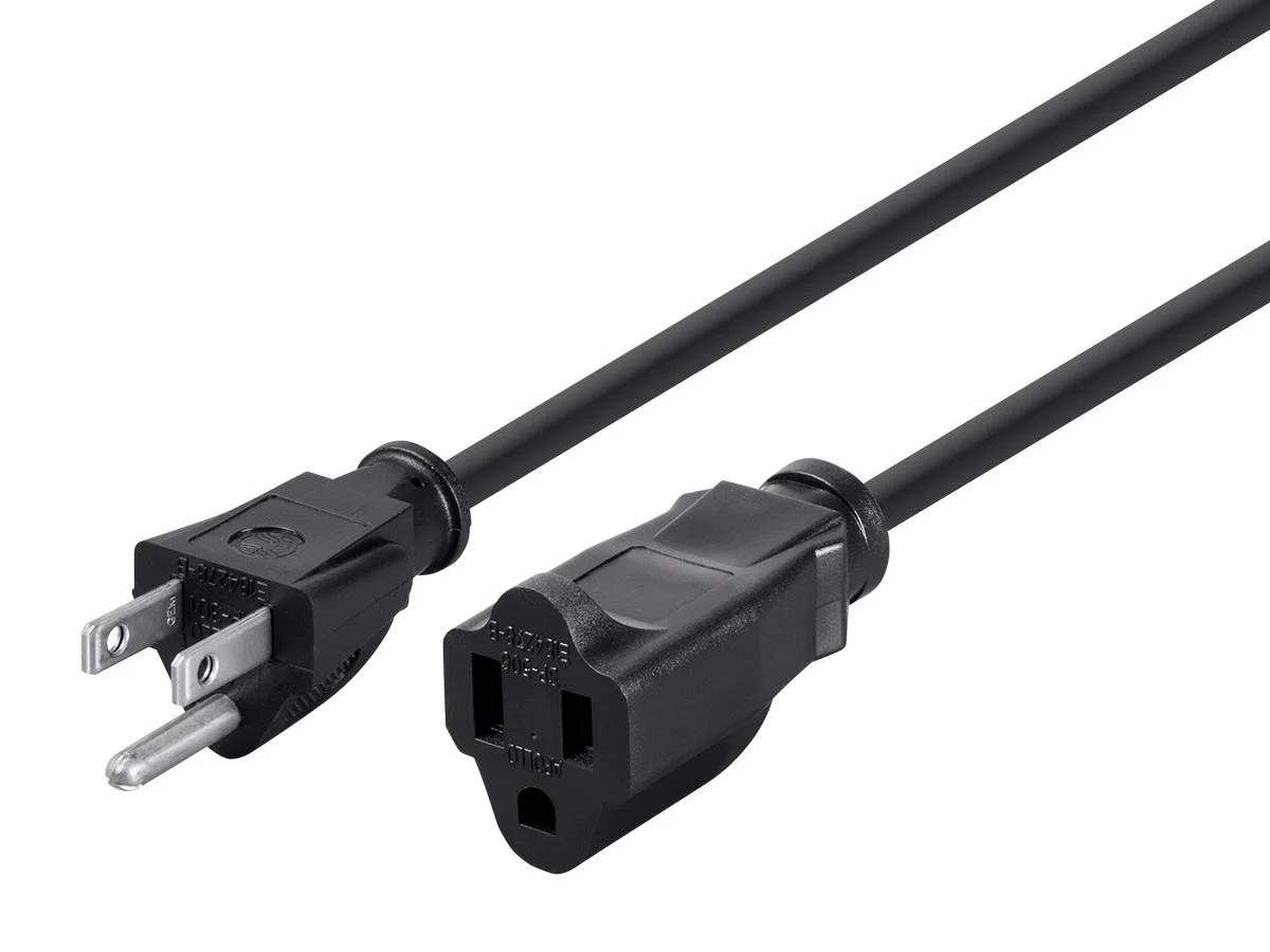 1ft 16AWG Power Extension Cord Cable, 13A (NEMA 5-15P to NEMA 5-15R)