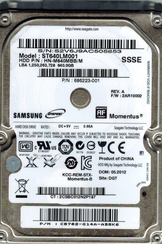 Samsung ST640LM001 HN-M640MBB/M 640GB Seagate F/W: 2AR10002