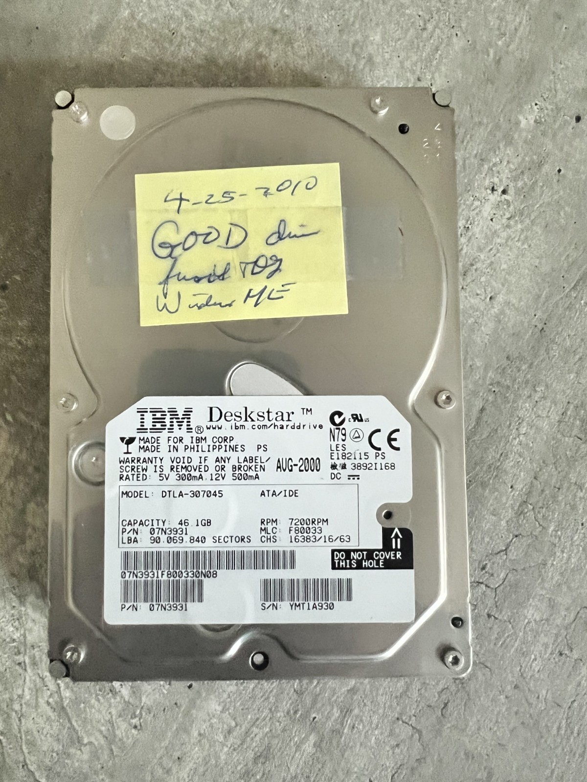 IBM DTLA-307045 46.1GB IDE Hard Drive P/N: 07N5640  MLC: F80326