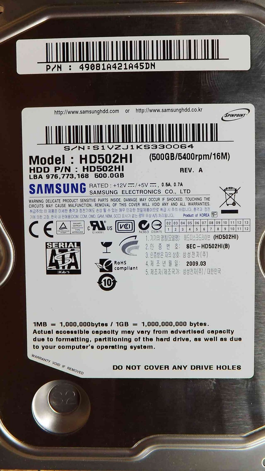 500GB Samsung HD502HI 2009.03 P/N: 49081A421A45DN S/N: S1VZJ1KS330064