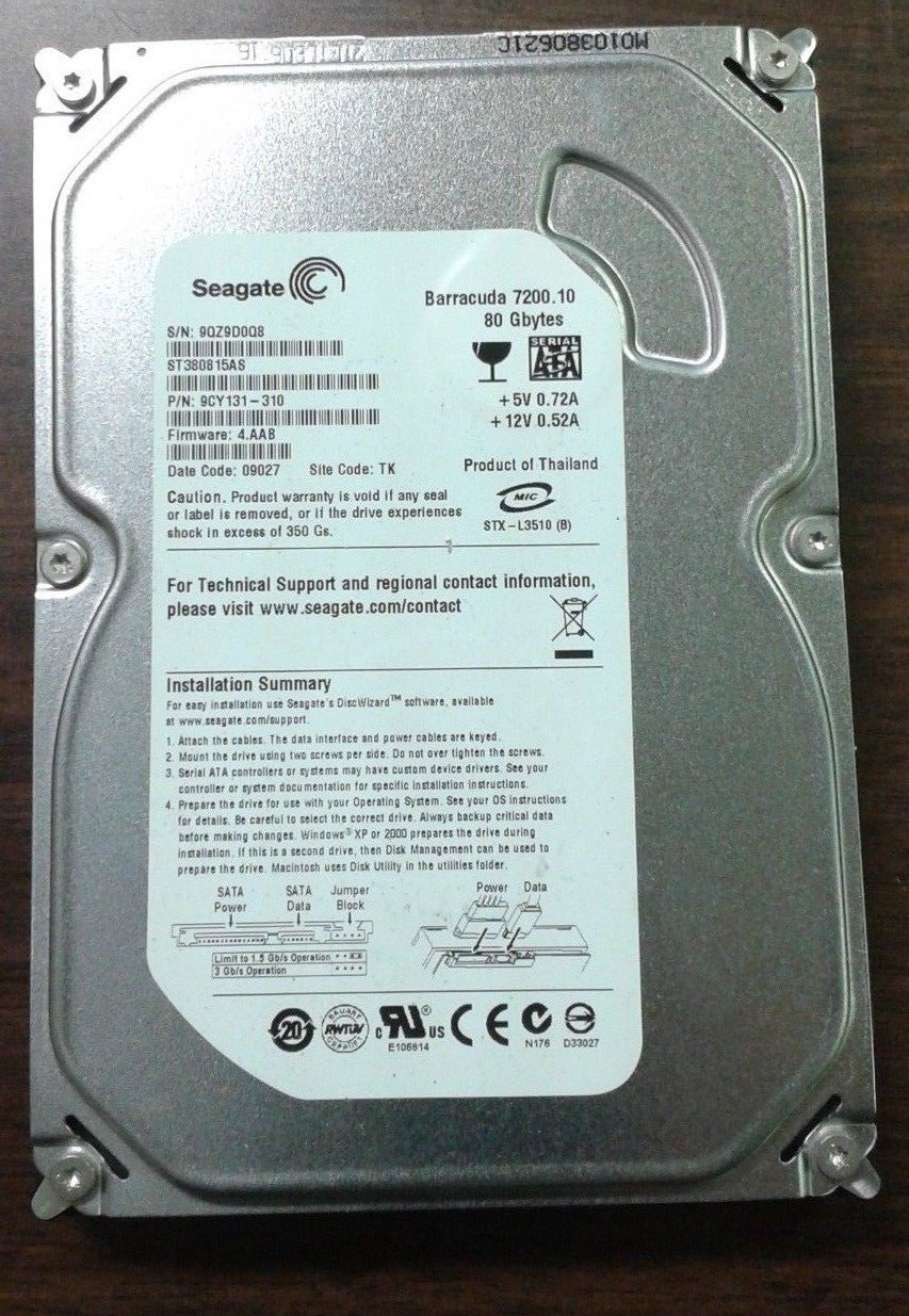 Seagate Barracuda 80GB 7.2K 3.5 SATA ST380815AS PN 9CY131-310 Hard Drive