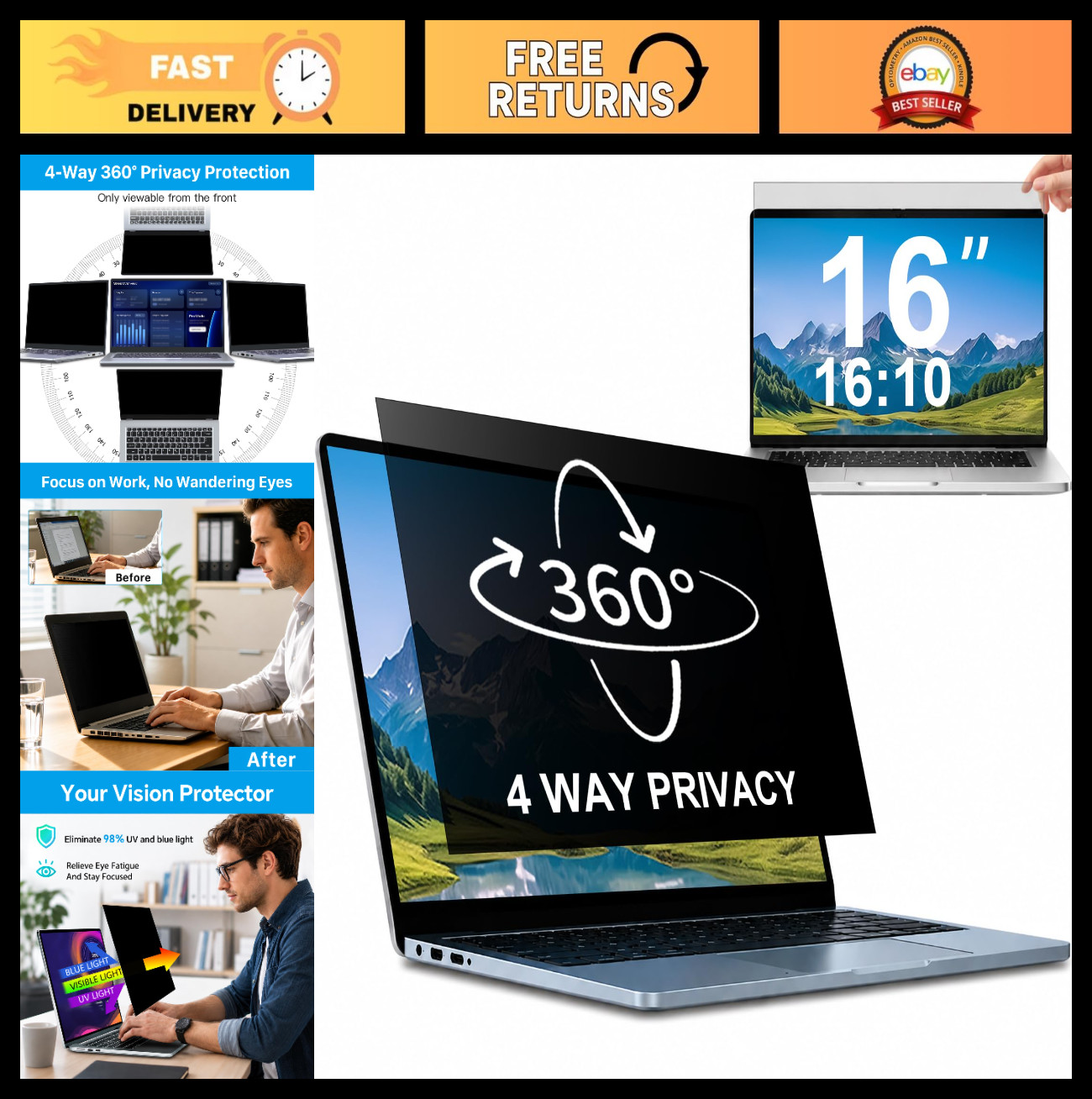 360° Laptop Privacy Screen Protector 16" 16:10 Anti-Glare Blue Light Filter