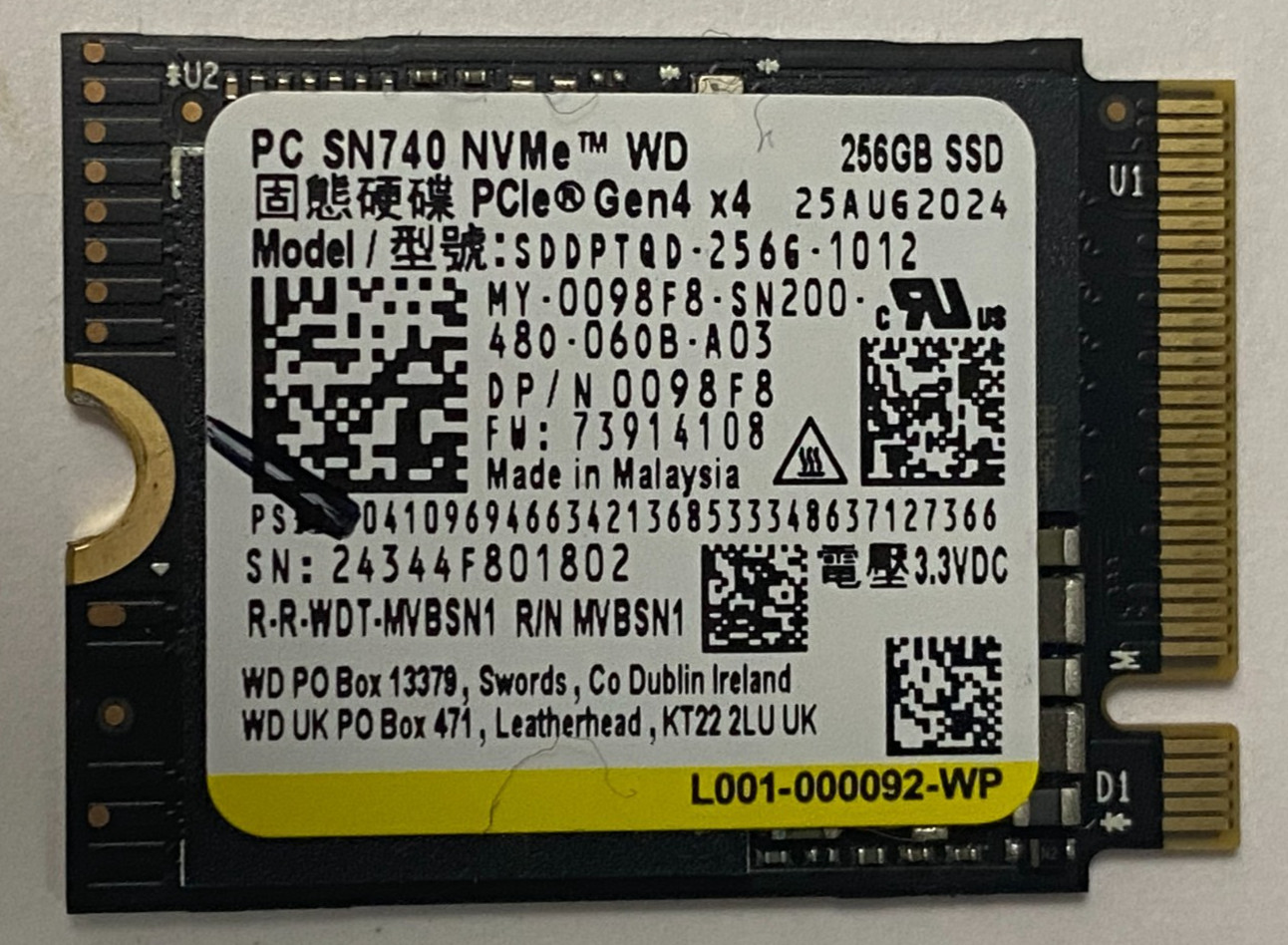 Western Digital SN740 256GB SSD M.2 2230 30mm NVMe PCIe 4.0 Gen 4 x 4 (OEM)