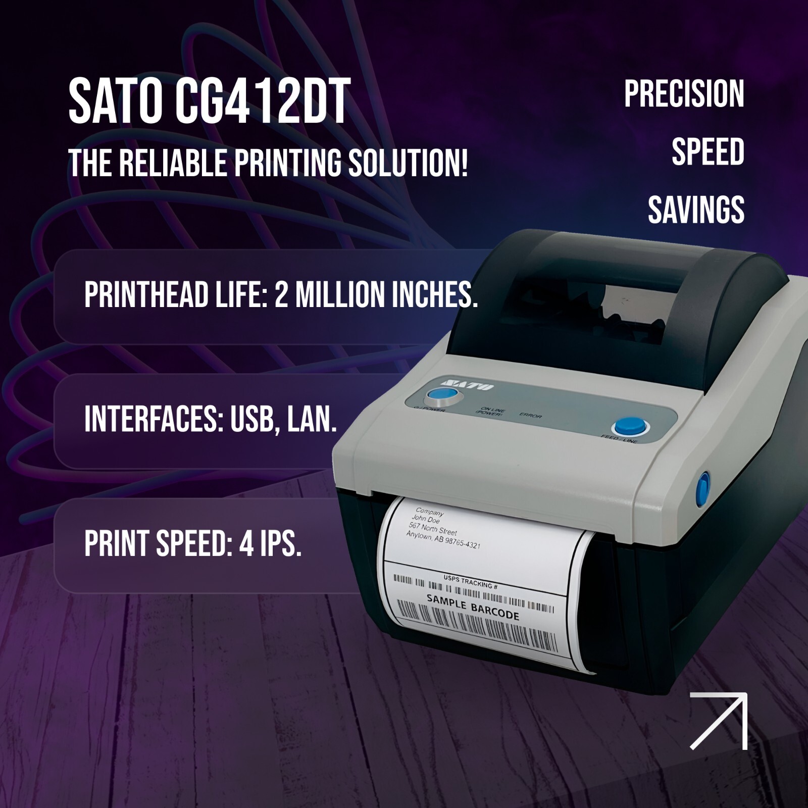 SATO CG412DT-LAN Direct Thermal 4x6 Barcode Label Printer 300 dpi USB Ethernet