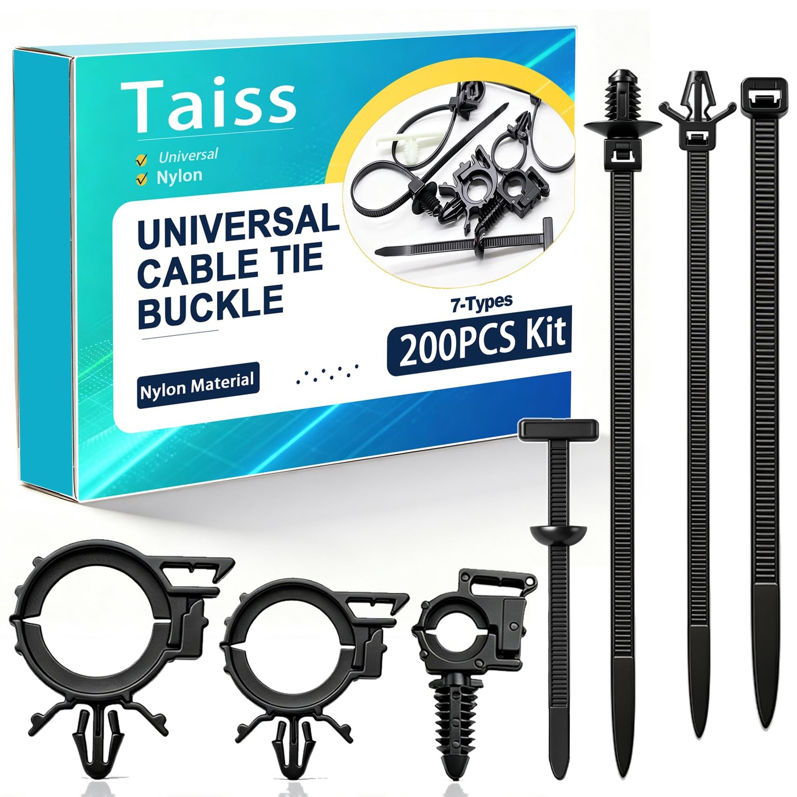 200PCS Nylon Universal Cable Tie Buckle with Wire Loom Routing Clips,7-Types ...