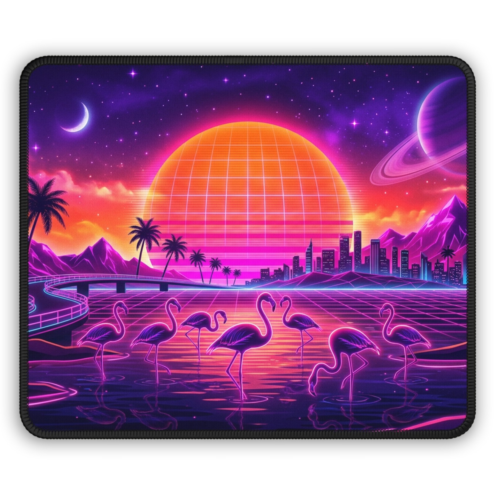 Retrowave Flamingo Sunset Gaming Mouse Pad | Vaporwave Neon City