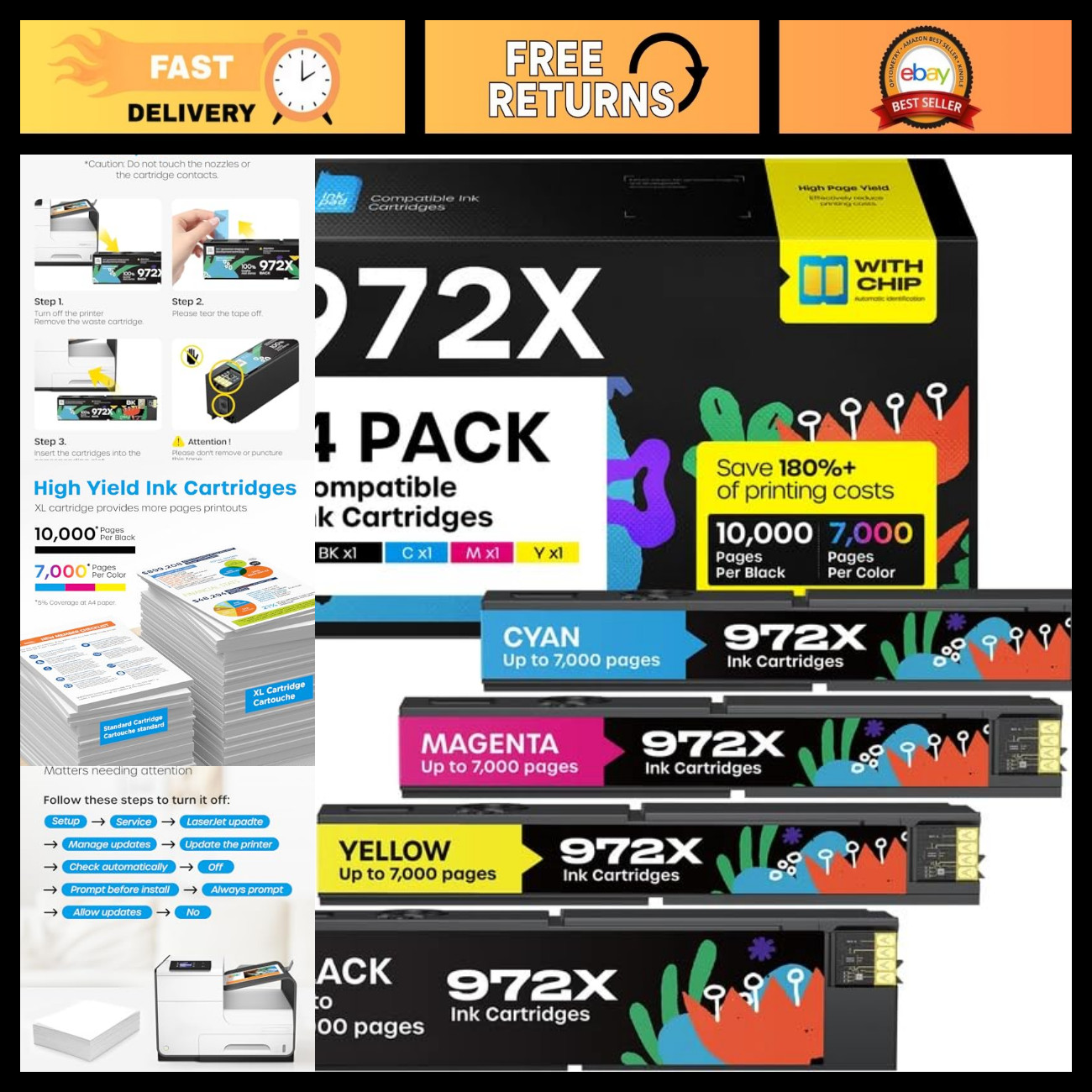 High-Yield 972X Ink Cartridges 4-Pack for HP PageWide Pro 477dw - Premium Qualit