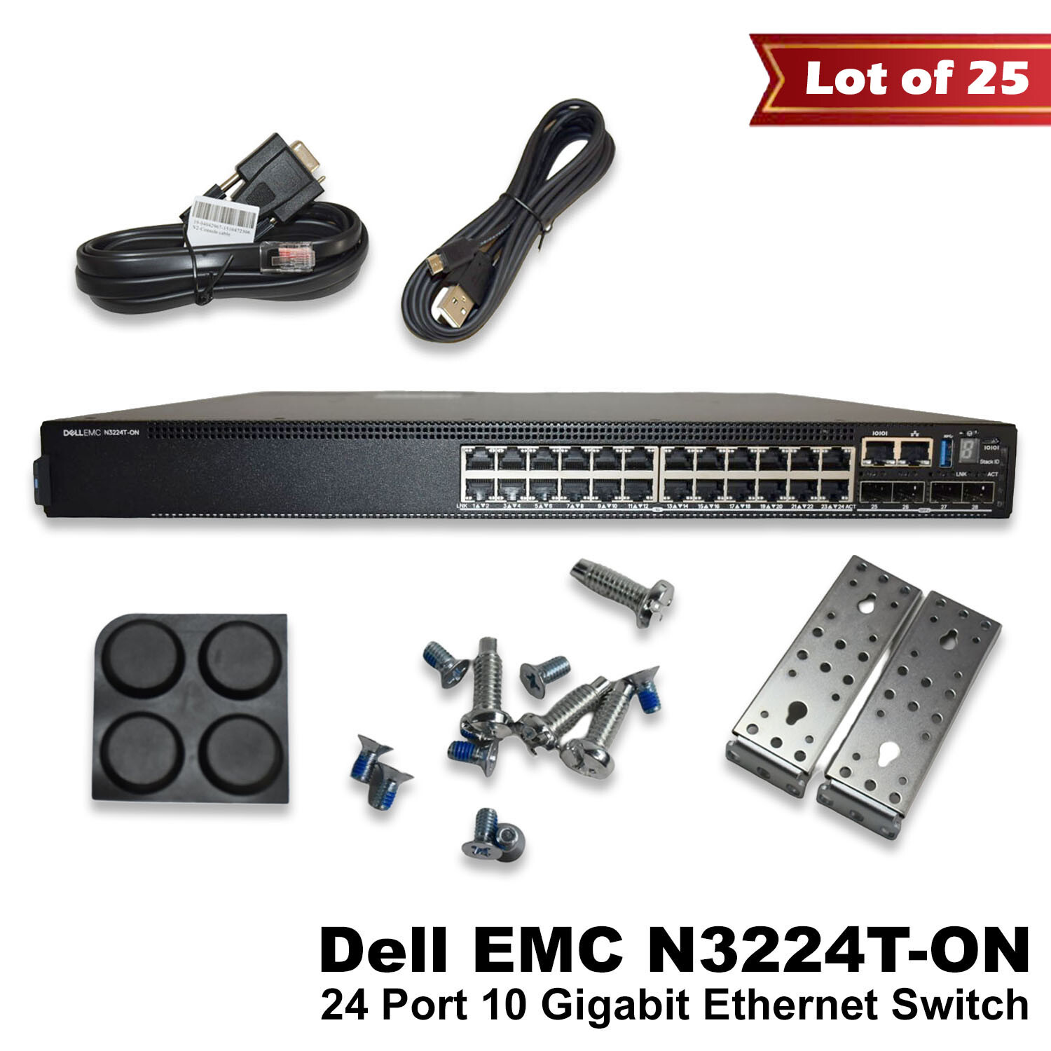 Lot 25 DELL EMC N3224T-ON 24X1G Rj-45 4X10G Sfp+ 2X100G L3 4GB 550W PSU Switch