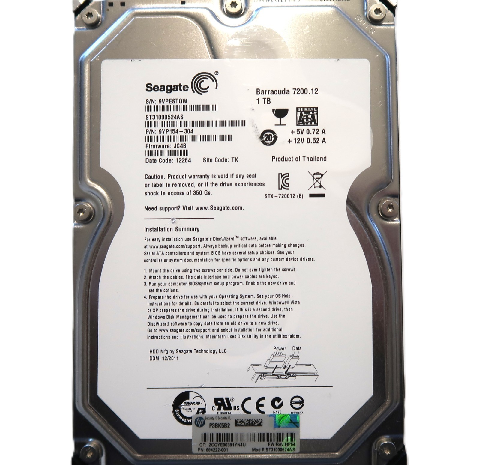 Seagate ST31000524AS 9YP154-304 JC4B (9VPE) TK Thailand 3.5" 1TB Sata DEC/2011
