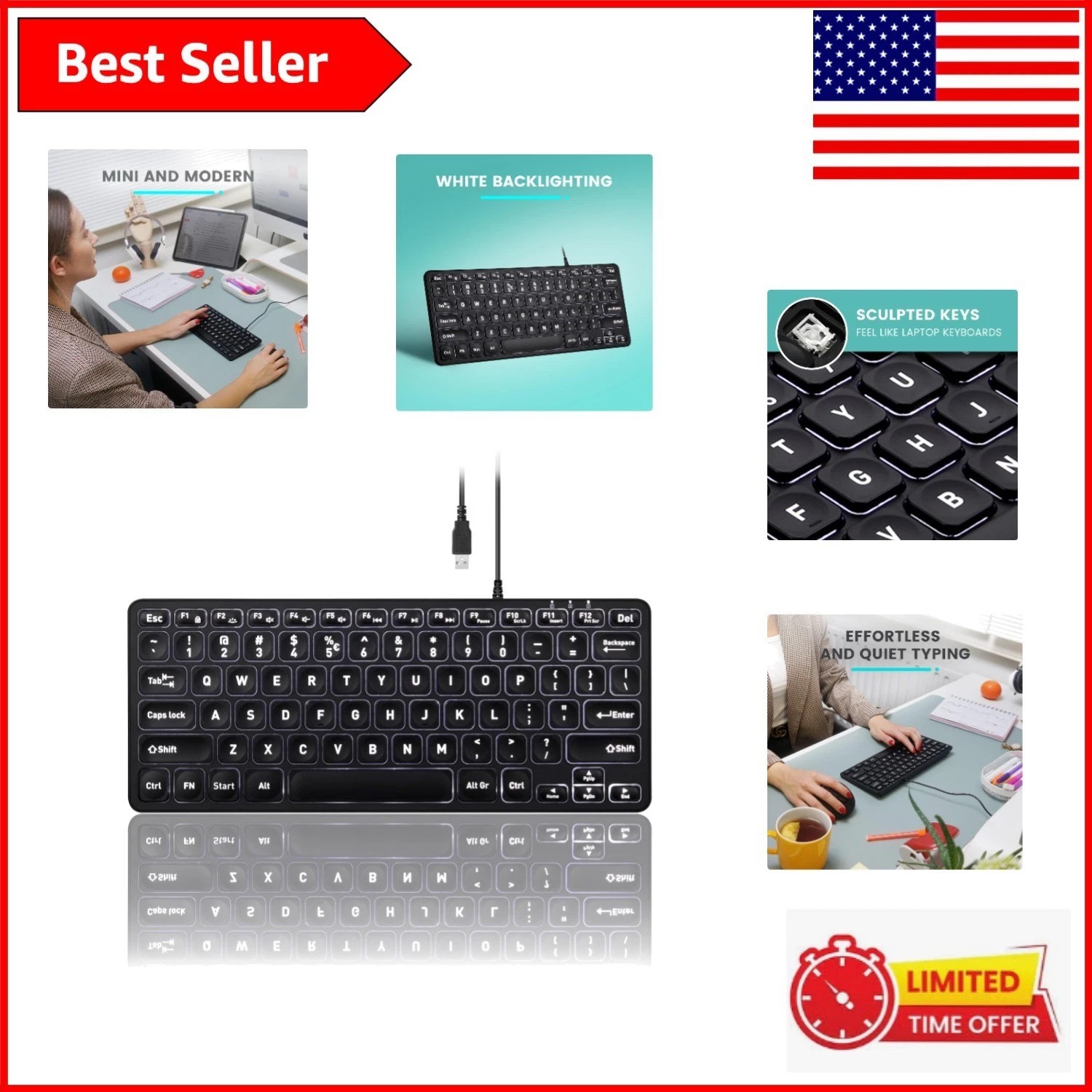 PERIBOARD-332 Backlit USB Keyboard - Modern Minimalist Design, Ambidextrous Use