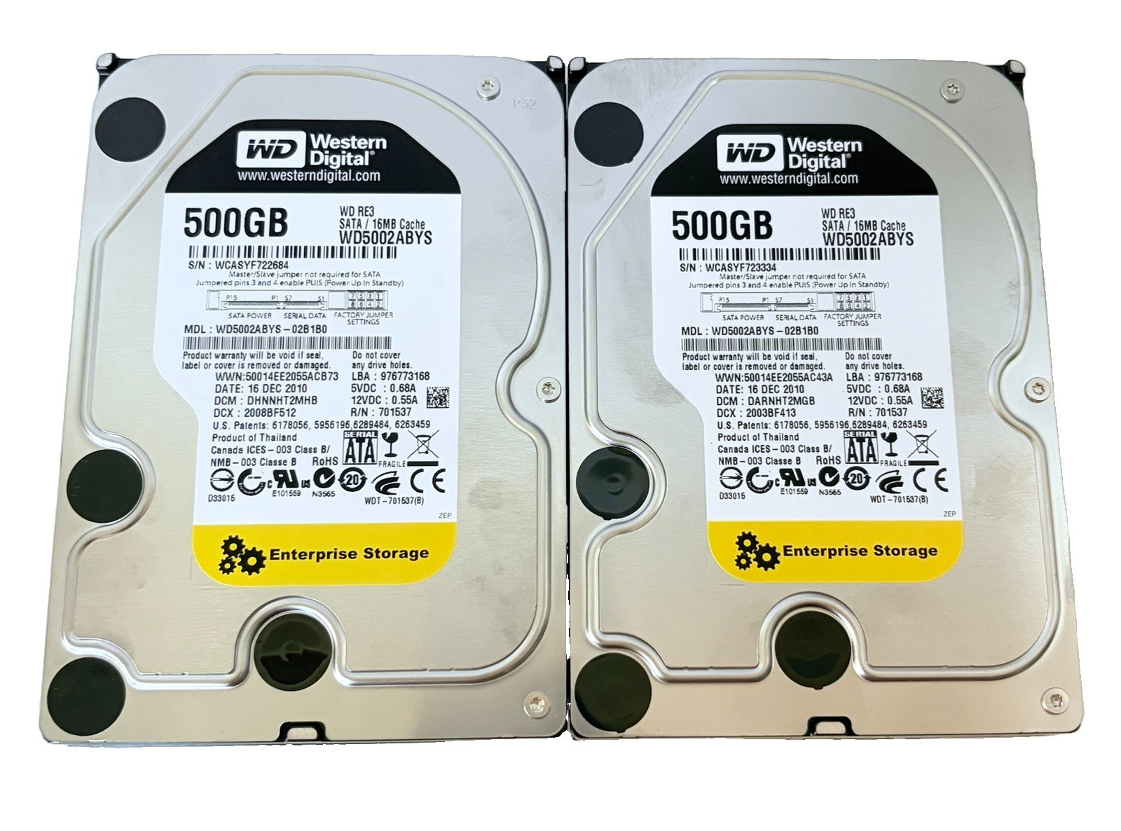 2PK Western Digital WD5002ABYS-02B1B0 500GB 16MB RE3 ENTERPRISE ED. 3.5"SATA HDD
