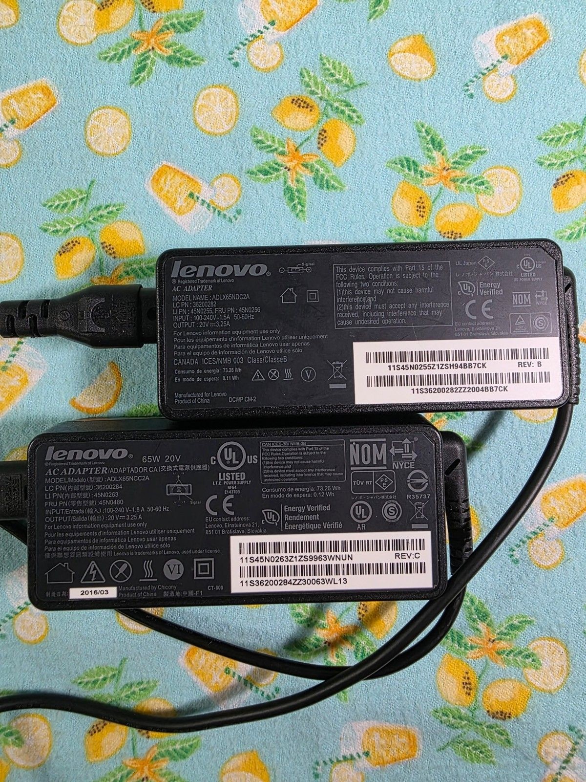 LOT OF 2 - Lenovo Laptop Chargers OEM Genuine Yellow Rectangle 65W 20V 3.25 AMP