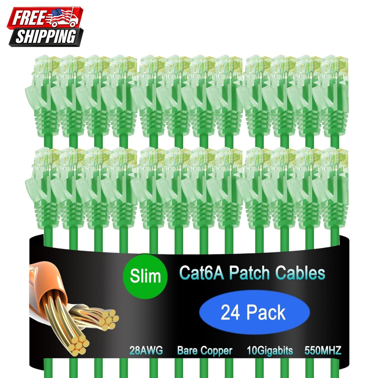 Cat6a Slim Ethernet Patch Cable 0.5 ft (24 Pack), Cat6a Patch Cable for Data...