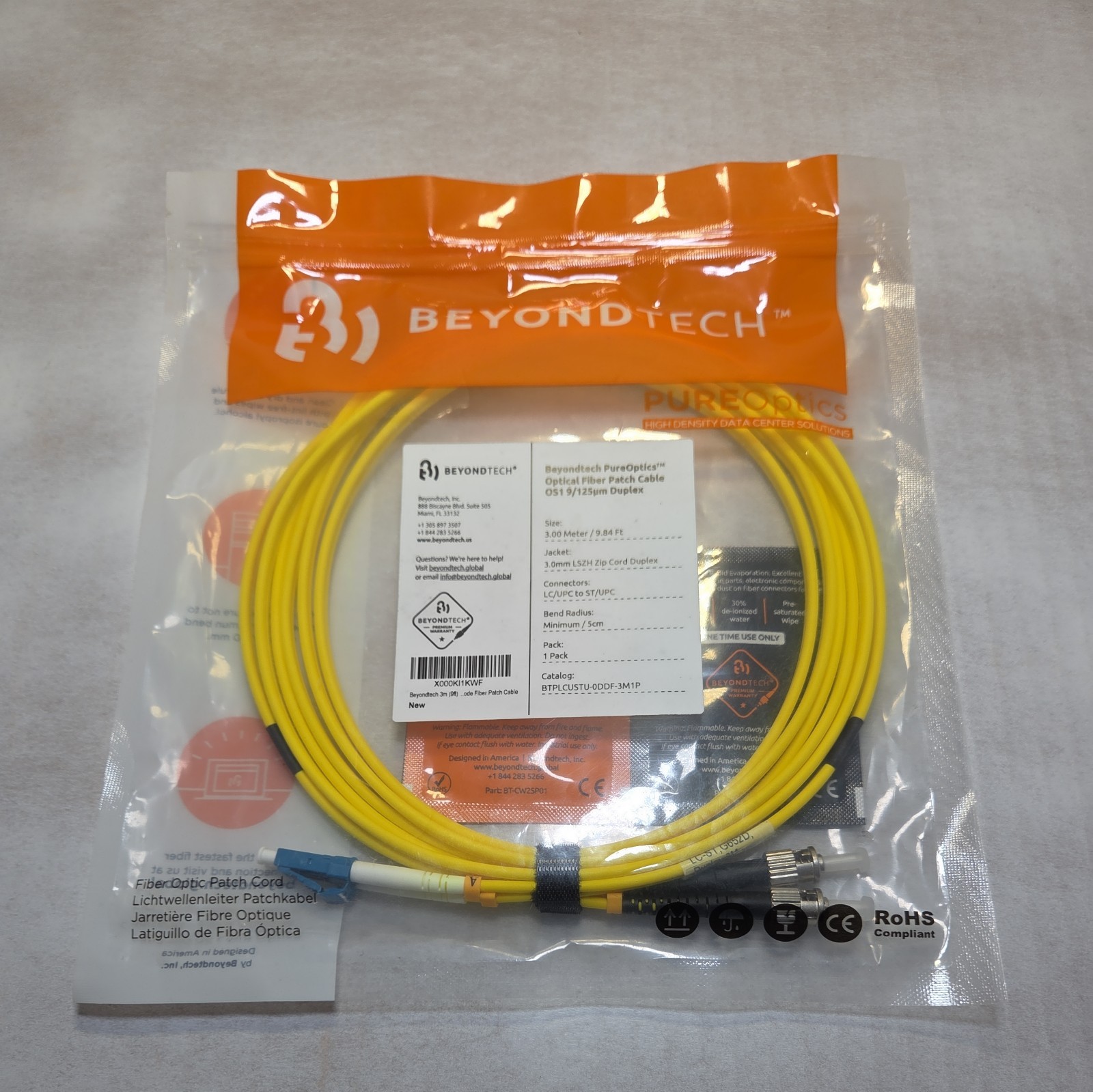 BeyondTech LC to ST Singlemode Duplex 9/125 Fiber Optic Jumper Patch 3M (9.84ft)